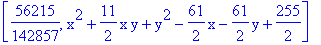 [56215/142857, x^2+11/2*x*y+y^2-61/2*x-61/2*y+255/2]